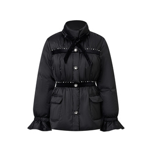 MAXRIENY法式复古x型立领收腰羽绒服25冬款系带白鸭绒保暖外套女