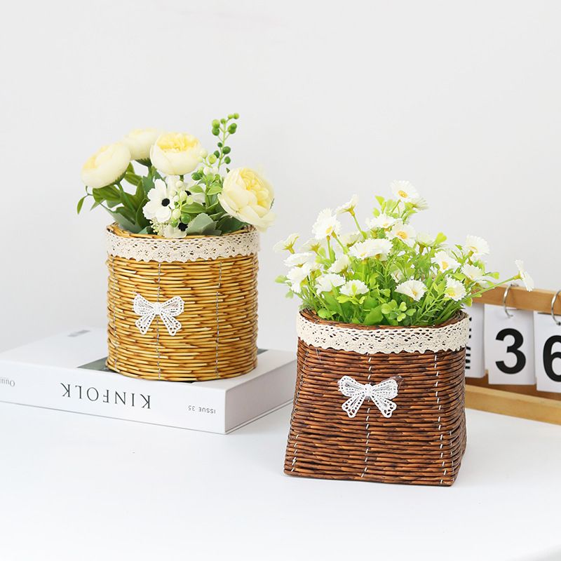 创意田园仿藤编花盆花艺家居鲜花收纳摆件插桌面装饰蝴蝶结篮花盆