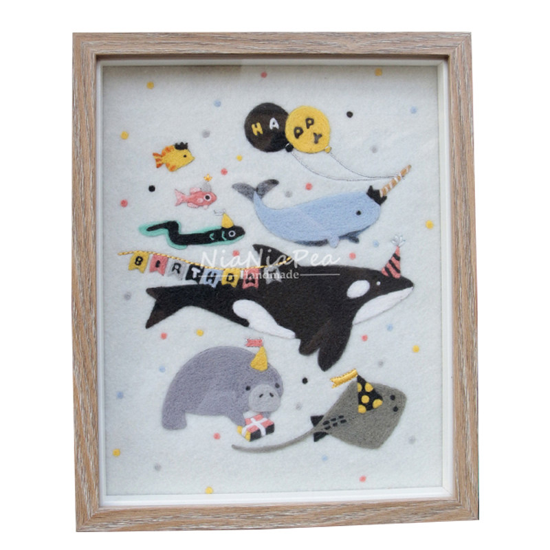 羊毛毡生日快乐鱼群相框手工diy