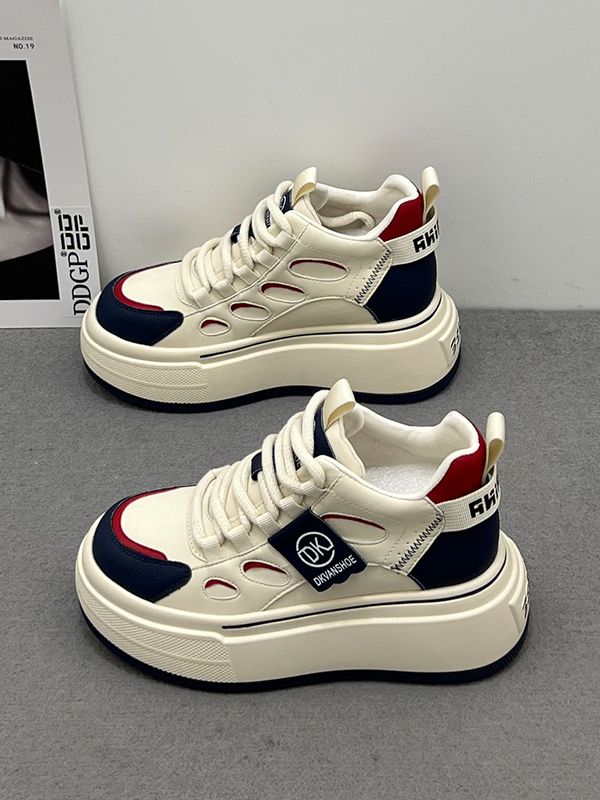 高帮小白鞋女2025春季新款单鞋真皮拼色松糕增高休闲厚底运动板鞋