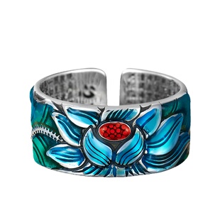 s999足银景泰蓝莲花心经戒指纯银男女潮人个性荷花民族风简约情侣