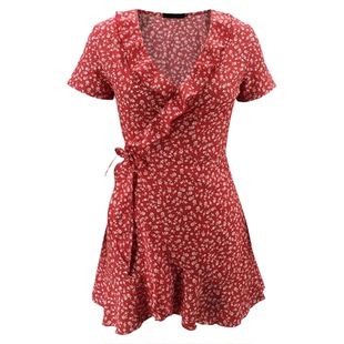 V领荷叶边一片式绑带A字连衣裙女V-neck ruffle one-piece dress