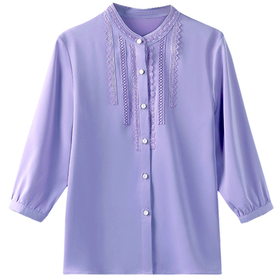 重磅雪纺衬衫女七分袖春装新款立领木耳边上衣大码打底衫洋气小衫