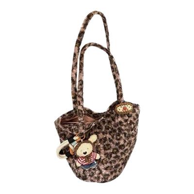 毛绒豹纹包包女款手提单肩包大容量韩系慵懒风通勤包百搭托特包