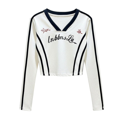 美式辣妹白色v领条纹长袖t恤