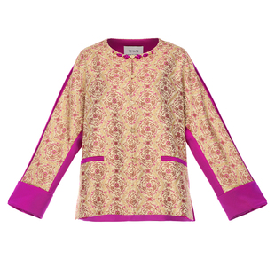 名家钱小萍带钢印宋锦外套花木深圆领新中式桑蚕丝上衣拼接对襟褂