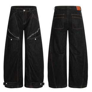 15GET 美式复古丹宁色明线弯刀裤宽松磨边破坏设计休闲牛仔裤男女