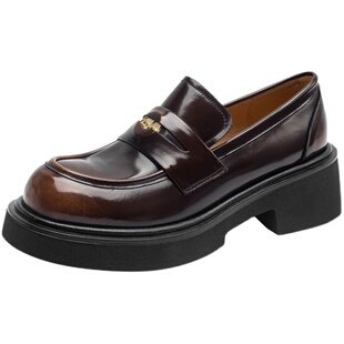 一力米灰 巴黎画廊~!黑色圆头英伦金币小皮鞋女jk乐福深口单鞋女