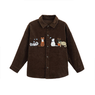 砚台家男童加绒衬衫秋季新款复古儿童重工刺绣长袖衬衣灯芯绒冬款