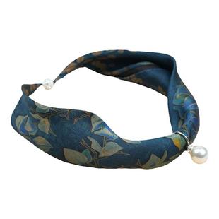 香云纱珍珠小丝巾懒人磁吸桑蚕丝项链女装饰百搭时尚短款小领巾