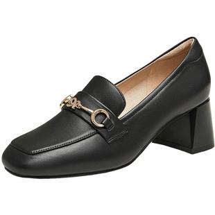 天美意粗跟休闲乐福鞋复古单鞋女高跟小皮鞋春秋新款CL128CA4