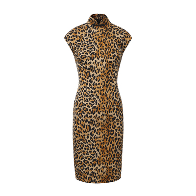 le palais vintage原创 港风修身剪裁 豹纹仿真丝修身旗袍