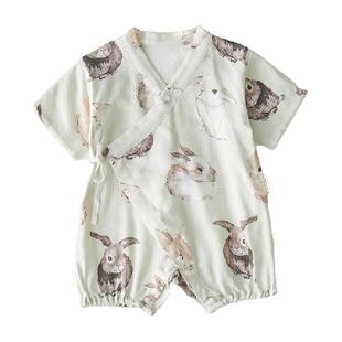 Oak Family新生儿婴儿衣服夏季爬服短袖宝宝连体衣薄款百天包屁衣