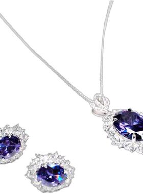 纯银气质紫色简约耳钉项链套装新款春夏钻面切割可调节锁骨链吊坠