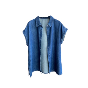 AMR UU◆福利款～复古蓝显瘦小飞袖短袖上衣薄衬衫外套女春夏新