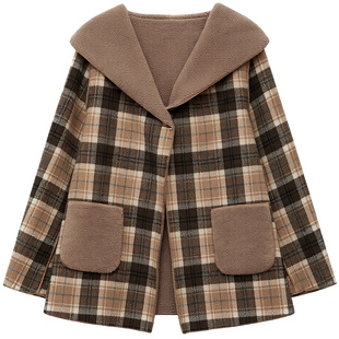 【年终清仓】DM100大码女装冬季时尚正反两穿摇粒绒格纹毛呢外套