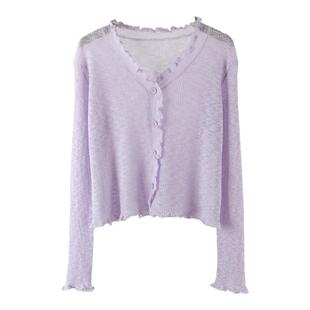 夏季木耳边紫色竹节麻开衫针织外套女超薄款防晒开衫纯欲短款上衣