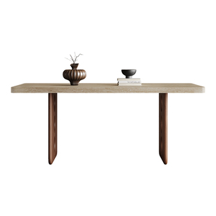 中古实木餐桌长方形家用客厅饭桌侘寂风新款下挂加厚洞石岩板餐桌