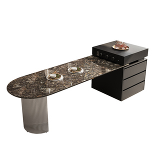 天然奢石岛台餐桌一体铂金钻别墅家用客厅可伸缩高级感中导台定制