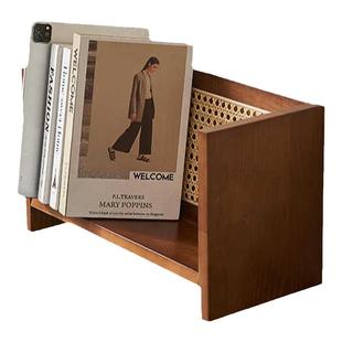 北欧创意侘寂风小型书架家用落地杂志架桌面书报藤编收纳架子