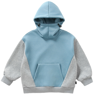 男童冬季帅气撞色拼接连帽加绒卫衣 中大童套头一体绒衫保暖上衣