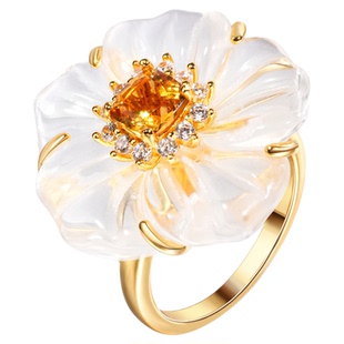 VISING珠宝天然白水晶黄水晶山茶花花朵戒指黄金色设计款