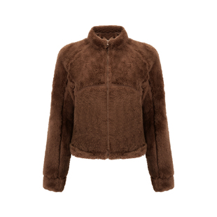 Bettychow 万用搭配!云朵般触感美式长绒摇粒绒短款毛绒外套黑棕