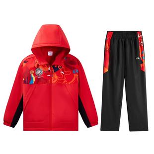 安踏儿童新年服三防套装2025冬季新款男童加绒红色外套裤子两件套