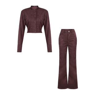 XULU原创秋季新款欧洲进口牛皮绒立领短款小外套高腰微喇阔腿长裤