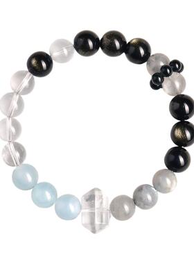 天然黑曜石手串原创女款白水晶多宝海蓝宝手链补水聚财吸金招米