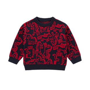 男童马年毛衣冬季新年服女童宝宝中小童加厚红色马图案内搭针织衫