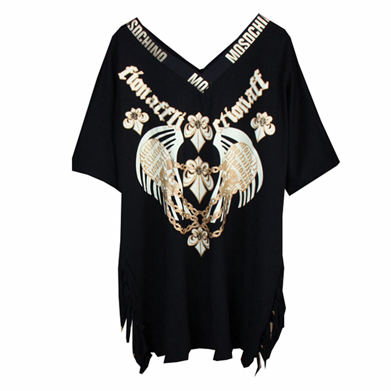 欧洲站网红款2022夏季新款重工大码宽松中长流苏V领短袖黑色T恤女