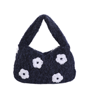 韩系复古花朵刺绣毛绒手提包女2025秋冬新款小众软糯毛绒包手拎包