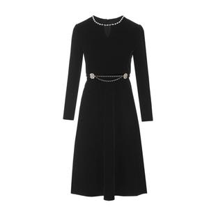 LIME莱茵轻奢优雅丝绒连衣裙2024秋新款领口重工钉珠镂空设计裙子