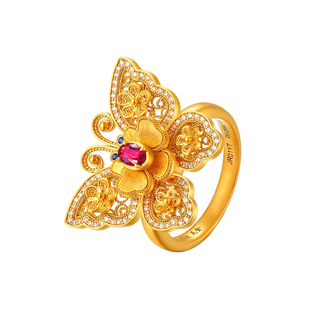 宫廷质造永庆长春黄金戒指蝴蝶古法足金999指环女新款红宝石礼物