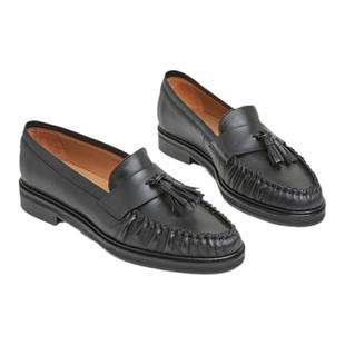 Flattered Sigrid女士牛皮手工流苏一脚蹬褶皱乐福鞋低跟通勤单鞋