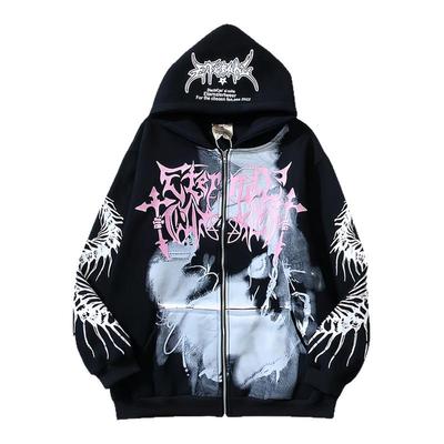 欧美街头潮品高街ins超火kanye同款复古恐龙骨印花连帽卫衣开衫男