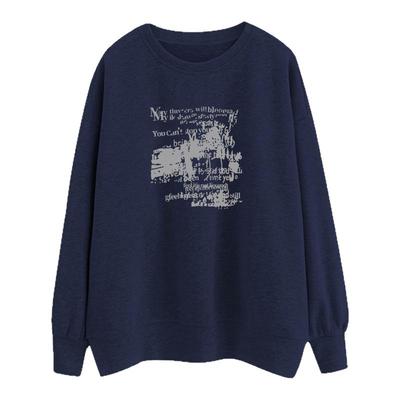 美式藏青色小个子圆领加绒卫衣女