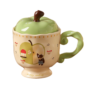 可爱苹果陶瓷水杯带盖勺高颜值女生马克杯高脚杯子送闺蜜生日礼物