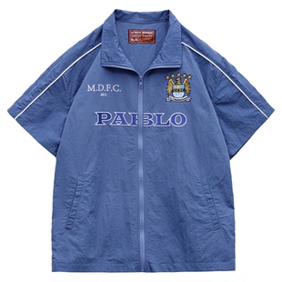 马登工装美式复古撞色cityboy短袖刺绣足球上衣服衬衫轻薄男士夏