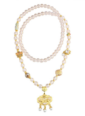 古法锦鲤如意锁粉色串珠项链配饰