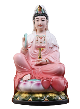 戴玉堂陶瓷坐莲观音红衣彩摆件客厅家用供奉观世音菩萨佛像工艺品
