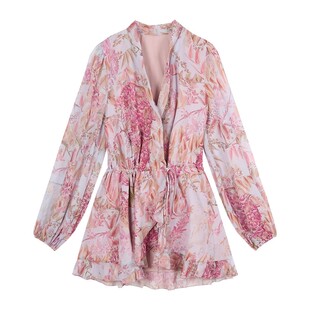 大码法式碎花v领长袖雪纺连衣裙女夏季高级感超仙气质性感短裙子