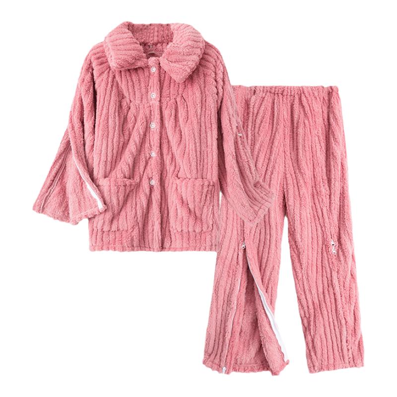 卧床老人护理服秋冬加厚瘫痪病人有绒睡衣家居服骨折病号服易穿脱