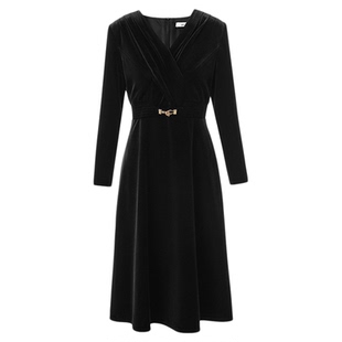 朗姿丝绒V领收腰A字赫本风礼服裙优雅显瘦连衣裙女2025年冬季新款