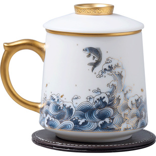 妙莲天香 羊脂白办公杯 风起浪涌 创意杯子潮流陶瓷杯马克杯带盖