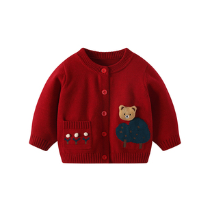 婴儿冬装毛衣男宝宝加绒针织衫红色周岁衣服男童秋冬过年新年外套