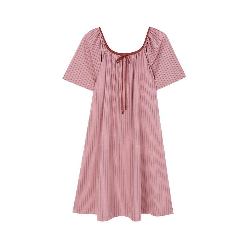 安之伴睡裙女夏季纯棉短袖薄款休闲条纹甜美宽松睡衣中长款家居服