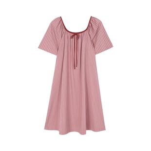 安之伴睡裙女夏季纯棉短袖薄款休闲条纹甜美宽松睡衣中长款家居服