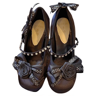 PINKYO原创玫瑰波点水钻优雅蝴蝶结黑圆头鞋法式法式粗跟高跟鞋女